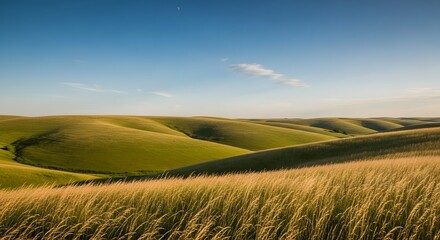 Fototapeta premium Serene Summer Landscape, Rolling Hills, Open Field, Nature Photography, Bright Sky, Wide Angle View, Peaceful Ambience