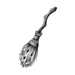 Black and white vector illustration of a vintage witch's broom, a mystical object perfect for Halloween designs or fantasy concepts.