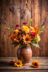 Bouquet of sunflowers, carnations, and autumn leaves in ceramic vase beside mini pumpkin on rustic wood surface with seasonal textures
