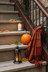 Autumn staircase decor with plaid blanket, pumpkins, lantern, and candles on rustic stone steps, evoking cozy seasonal atmosphere