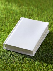 A pristine white hardcover book rests on vibrant green artificial turf, showcasing its blank cover and clean lines against the textured background
