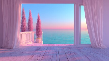 Pastel balcony overlooking a serene ocean