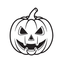 Spooky black and white vector illustration of a traditional Halloween jack-o'-lantern pumpkin with a carved, scary face, isolated on a white background.