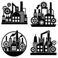 Obraz premium Four factory illustrations with gears and chimneys in black and white industrial cityscape concept art