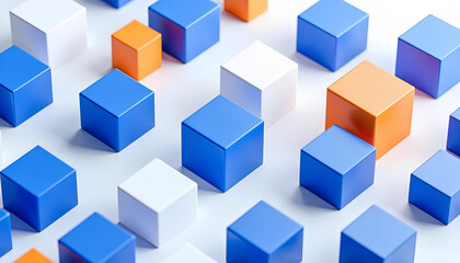 Abstract 3D Isometric Cubes in Blue, Orange, and White