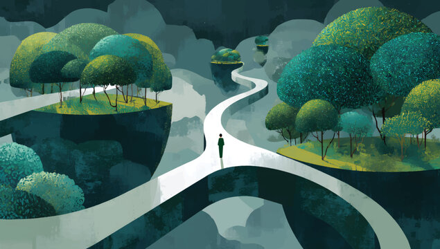 A surreal digital artwork of two winding paths merging into one, representing the journey to green technology and sustainability in the industry