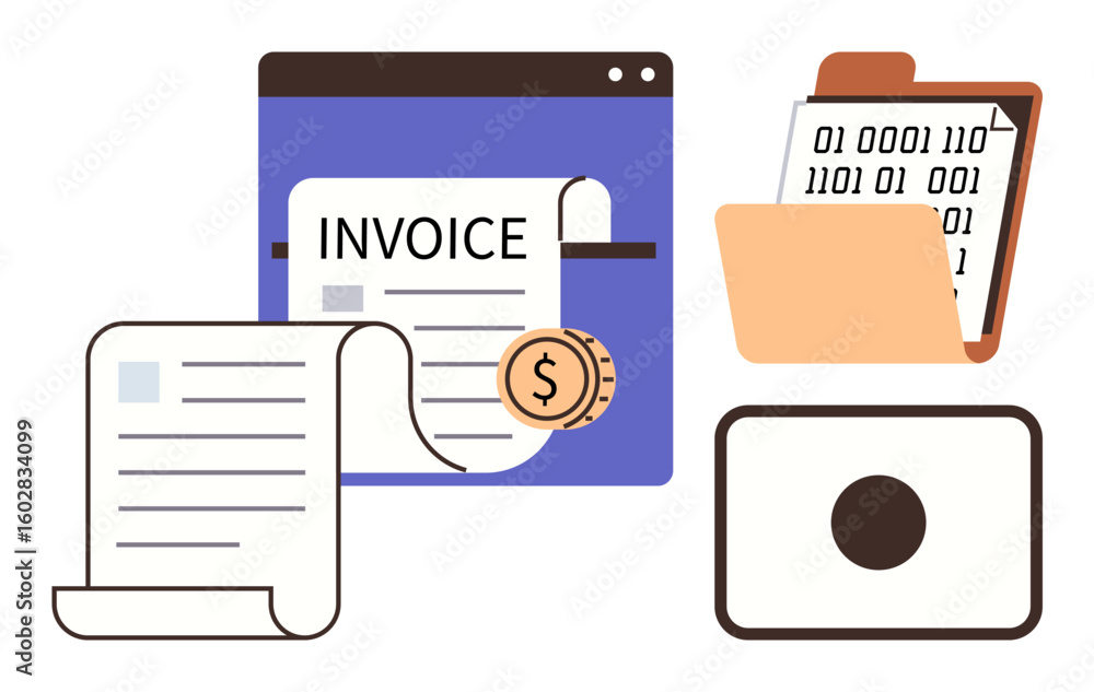 Poster digital invoice, coin, folder with binary data, paper documents, and storage case. ideal for finance