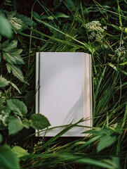 A blank, off-white book rests amidst lush green grass and foliage, sunlight casting shadows on its cover