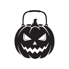 Black Halloween pumpkin Jack-o'-lantern vector illustration with a spooky carved face and handle, isolated on white background. Iconic design element for holiday celebration.