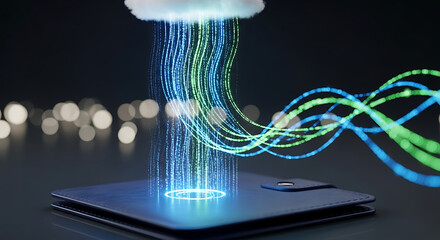 Data streams flow from a cloud to a digital device, symbolizing cloud computing and data transfer.