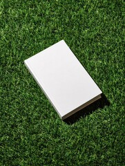 A blank, white book rests on a vibrant green, artificial grass surface, casting a subtle shadow.  The book is positioned centrally, providing ample space around its edges