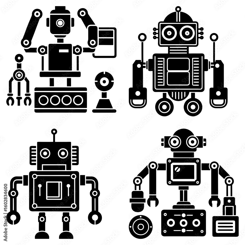Poster four distinct black and white retro style robots with different designs and body configurations