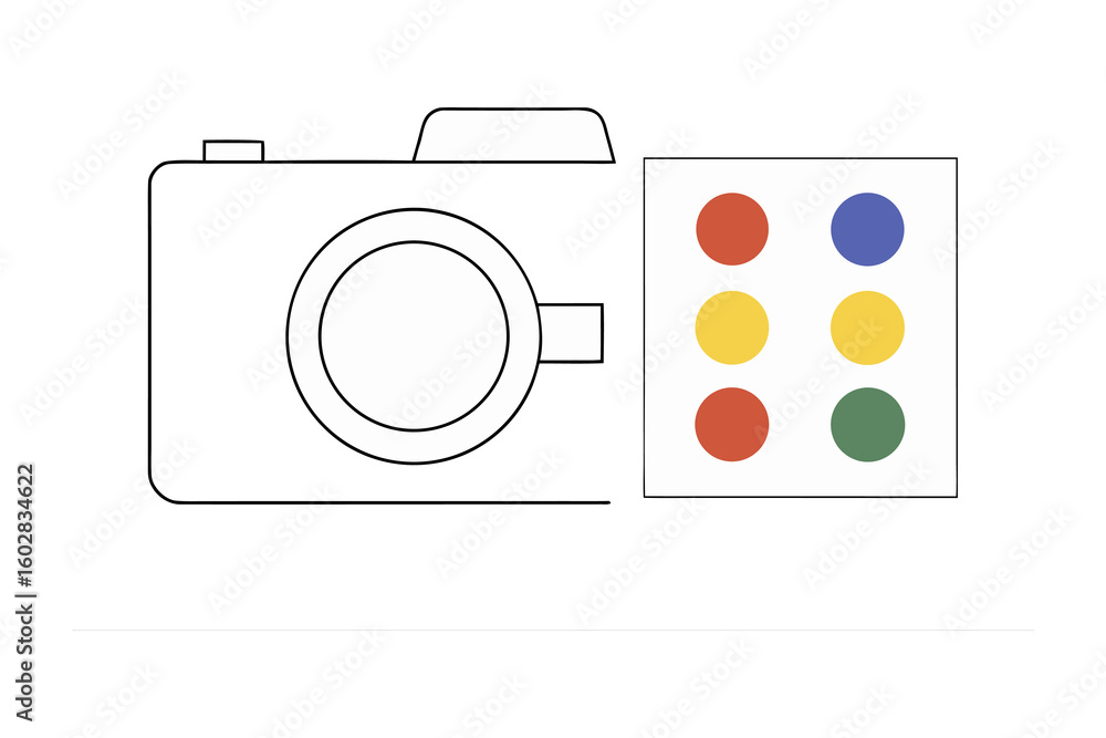 Poster simple line drawing of a retro camera with a colorful dot matrix display showing six vibrant circles