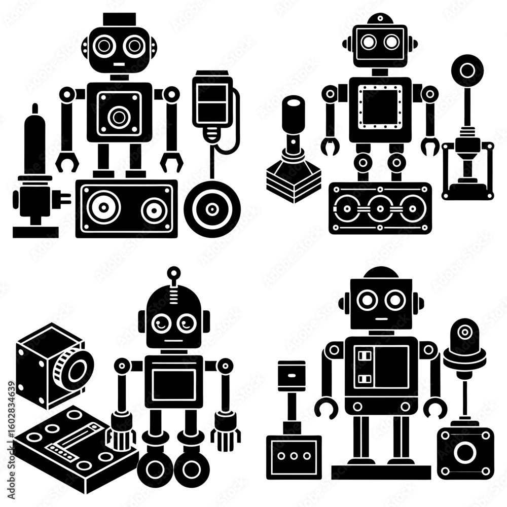 Poster illustration showing a collection of four different robots with various control panels and accessori
