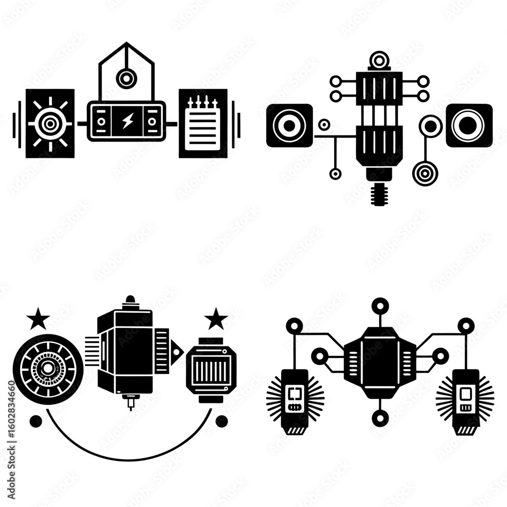 Poster four distinct black and white technical diagrams showcasing abstract machine components and connecti