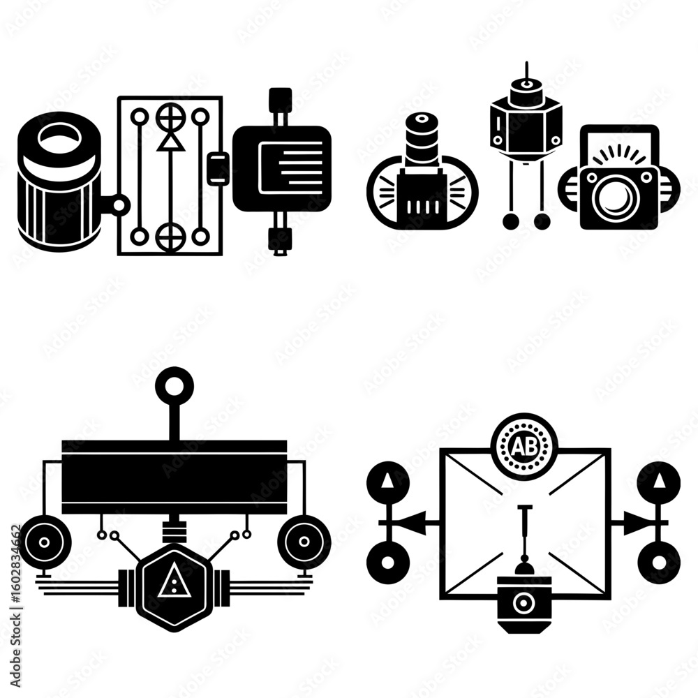 Aufkleber illustration showing various black and white mechanical and electrical components in a structured la