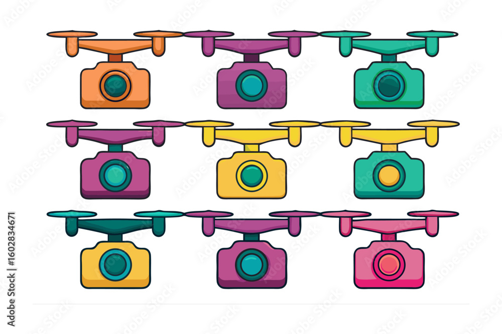 Aufkleber colorful collection of nine cartoon drones with cameras displayed in a three by three grid pattern