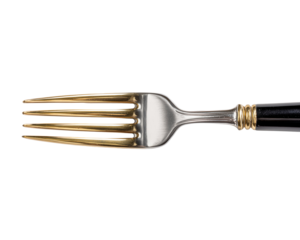 Silverware fork with golden prongs and handle