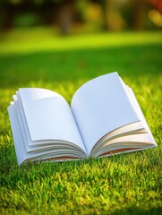 An open book with blank pages rests on vibrant green grass, bathed in soft sunlight against a blurred natural backdrop