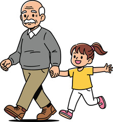 Cartoon grandfather and granddaughter walking hand in hand, family love, senior care, bonding moment, happy childhood, cute family illustration