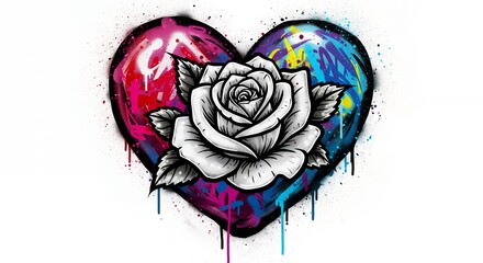 Colorful heart shaped graphic with rose design