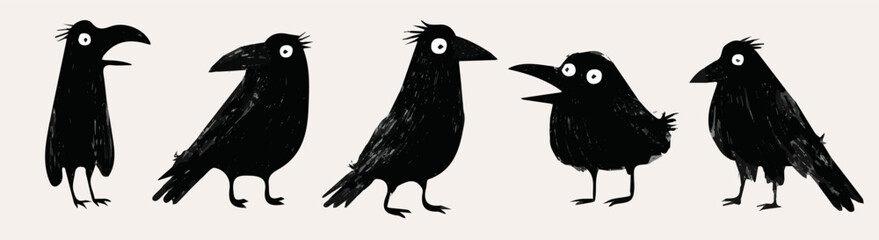 Doodle art vector features five quirky black crows with big eyes, set against an off-white background. The hand-drawn, cartoon style uses simple shapes and textured black brushstrokes. © local_doctor