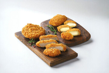 Delicious Crispy Golden Fried Pork and Melted Cheese Snacks on Wooden Boards
