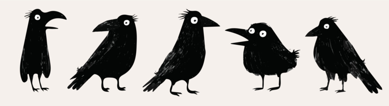 Doodle art vector features five quirky black crows with big eyes, set against an off-white background. The hand-drawn, cartoon style uses simple shapes and textured black brushstrokes.