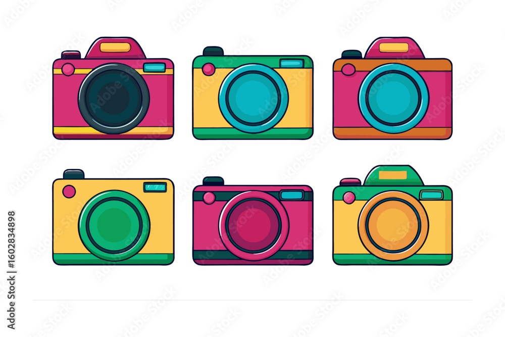 Poster a vibrant collection of six retro style cameras in various bright color combinations and playful des