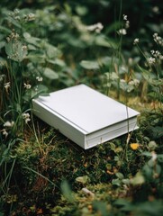 A pristine white, rectangular box rests on a bed of moss amidst lush green foliage and tiny white wildflowers, suggesting tranquility and a hidden, natural setting