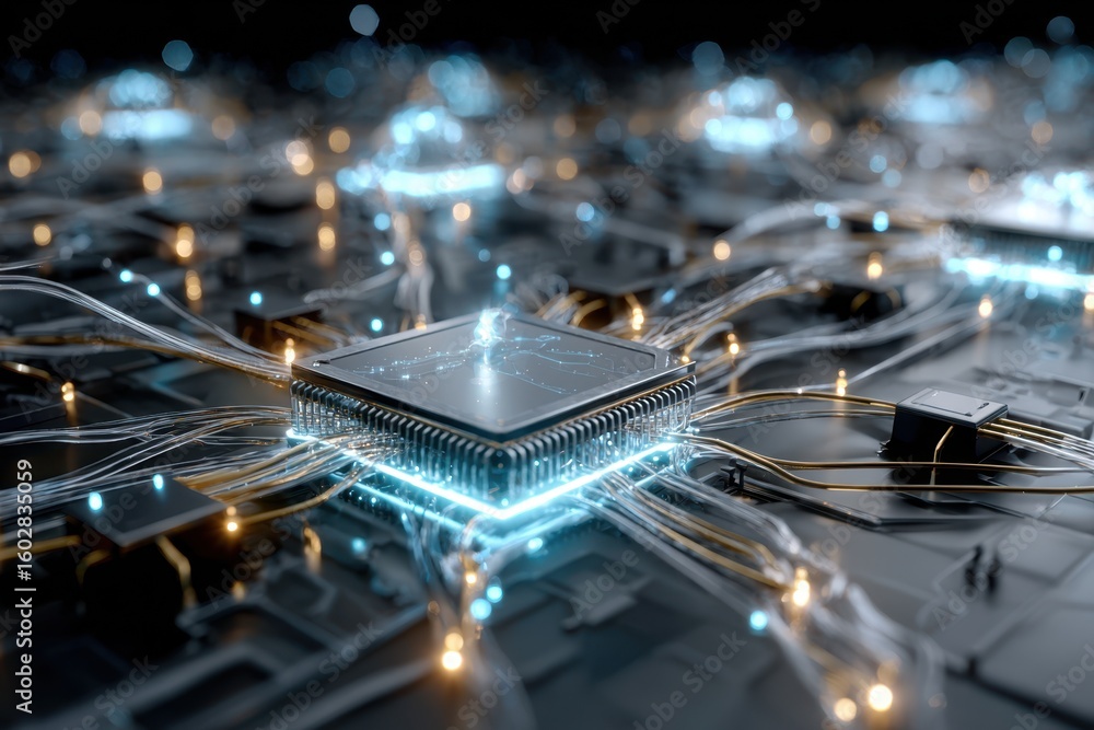 Poster advanced computer chips and circuits glow in a high-tech digital environment