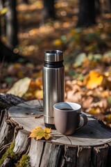 Autumn forest scene featuring metal thermos and ceramic mug filled with hot drink on tree stump, surrounded by golden leaves and tranquil nature