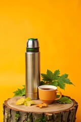 Orange ceramic mug and metal thermos on forest stump surrounded by vivid autumn leaves, styled against bold yellow backdrop evoking seasonal comfort