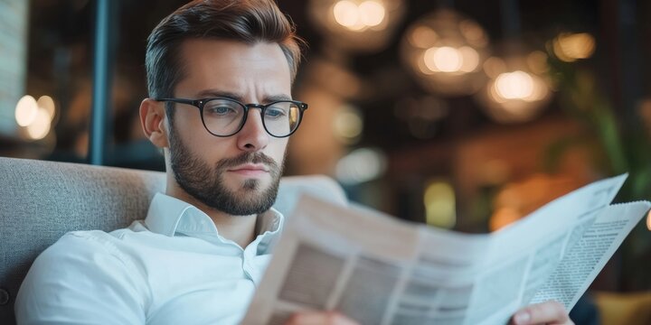Businessman in glasses reading a newspaper.