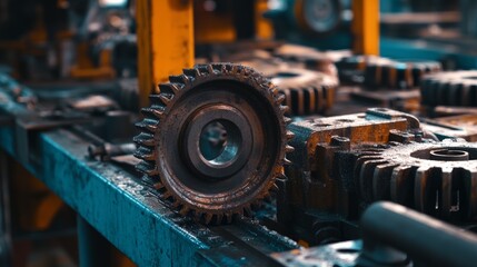Gears and metal parts on an assembly line in a factory. Mechanical components for automotive or industrial applications.