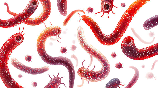 Parasitic worm and microscopic parasite illustration showing various red and purple helminths with textured bodies and small round microbes