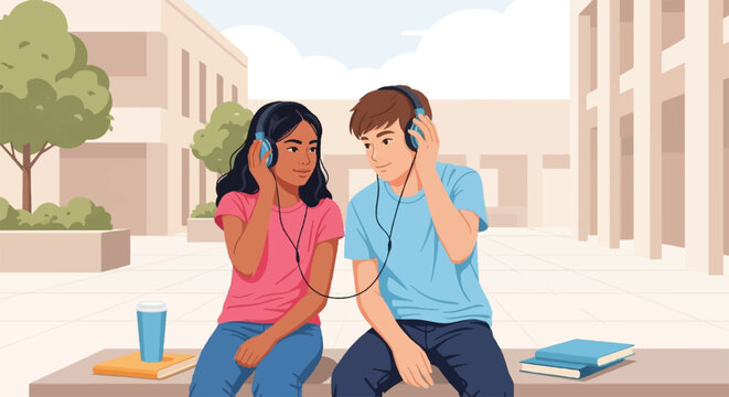Happy young brother and sister sharing headphones, listening to music together. Cute illustration for National Sibling Day, youth bonding. - Powered by Adobe