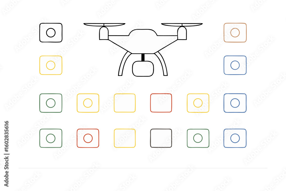Poster sketch of a quadcopter drone with multiple circular icons representing camera lenses or filters