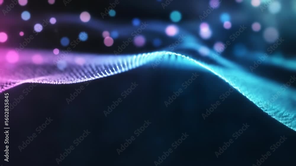Poster abstract digital particle wave background, futuristic and dynamic blue and purple with bokeh lights
