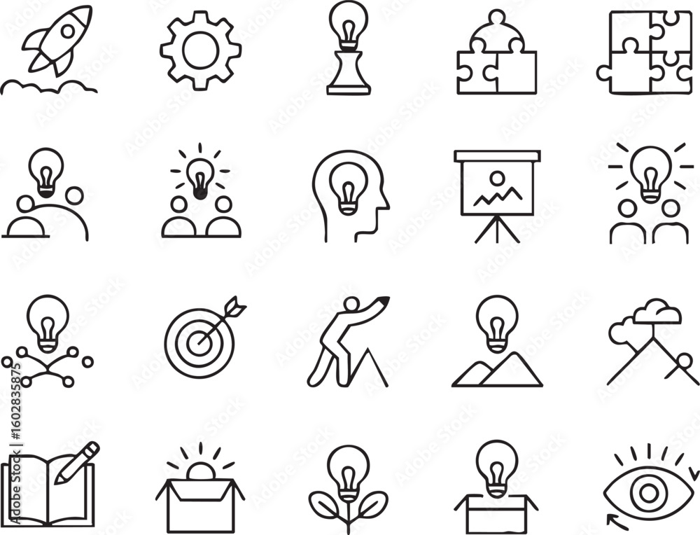 Poster set of creative idea and business strategy icons in outline style for website and graphic design pro