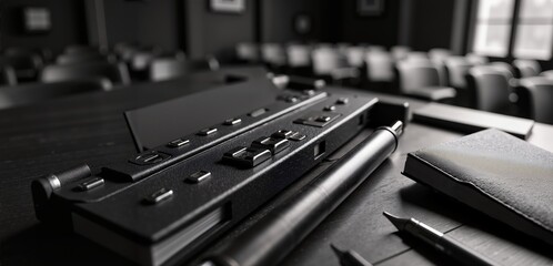 A sleek conference setup featuring stylish stationery, perfect for business meetings, presentations, or workshops in a modern office environment.