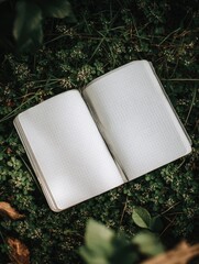 An open, gridded notebook rests on a bed of lush green foliage, its blank pages inviting contemplation amidst nature