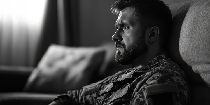 A soldier in uniform contemplating life on a couch. - Powered by Adobe
