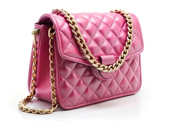 A pink quilted leather handbag with a gold chain strap and classic diamond pattern is displayed against a white studio