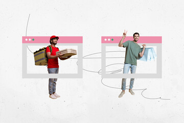 Exclusive image full artwork photo collage of two happy guys delivery worker hold shopper pizza box...