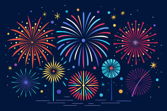 Vibrant fireworks explode across the night sky creating a celebratory atmosphere perfect for holidays and special events