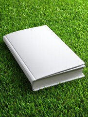 A pristine white hardcover book rests on a vibrant green artificial grass surface.  The book is shown closed, displaying a clean, blank cover, suggesting a new or template design