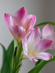 Close-up of two delicate pink and white flowers with visible stamens, partially opened, showcasing soft petals and vibrant color contrast against a muted background.  Green foliage is subtly visible
