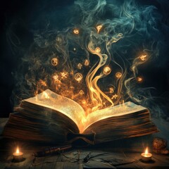Glowing Open Book with Mystical Symbols and Candles on Rustic Wooden Table