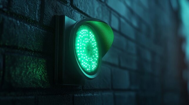An electronic traffic light glowing green, signaling to proceed or go.